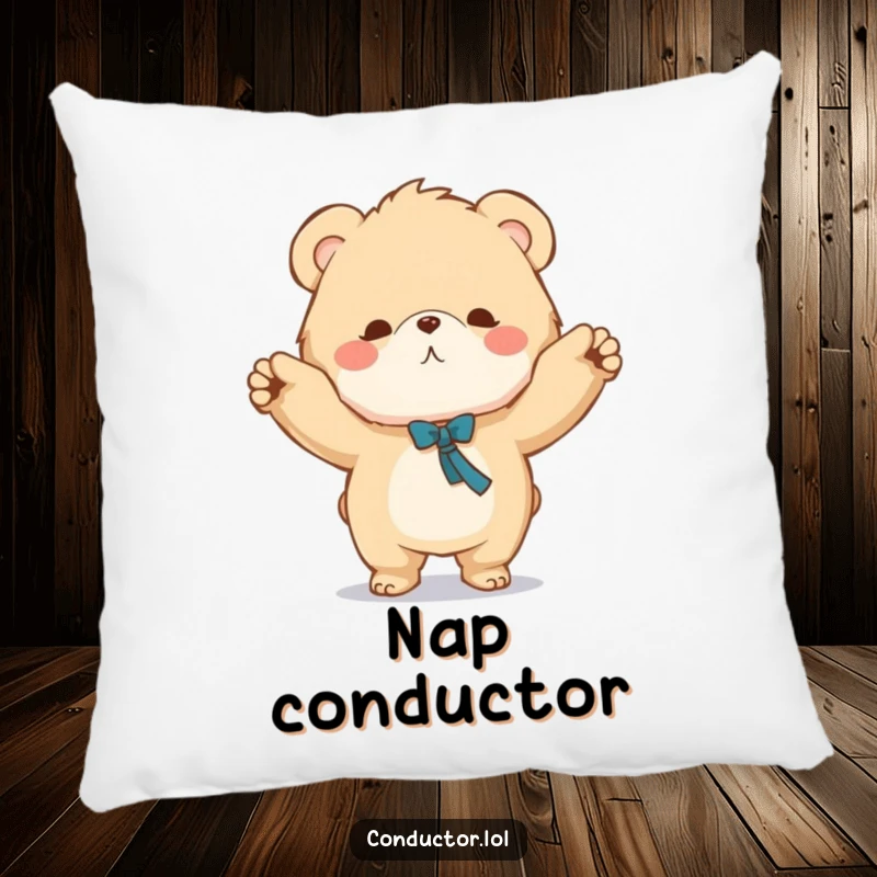 Funny pillow featuring a fluffy bear character conducting with a grand sweeping motion, providing cozy comfort and musical humor.