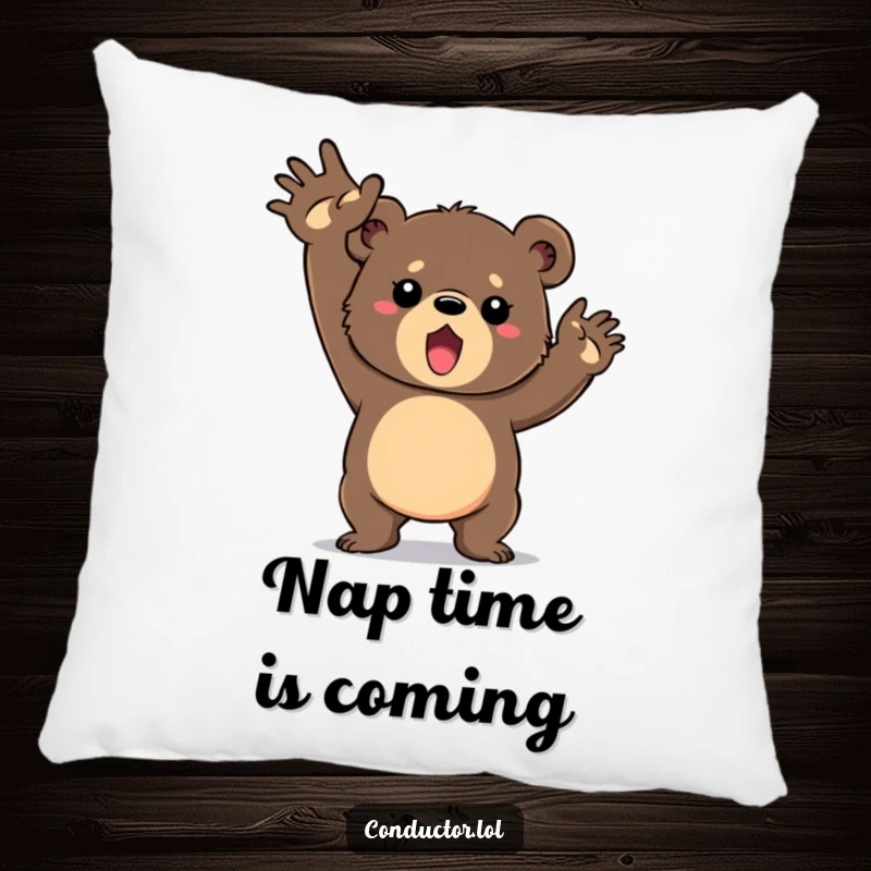 Funny pillow showcasing a determined bear cub vigorously swinging its arms in a grand gesture, offering comfort and inspiring dreams.