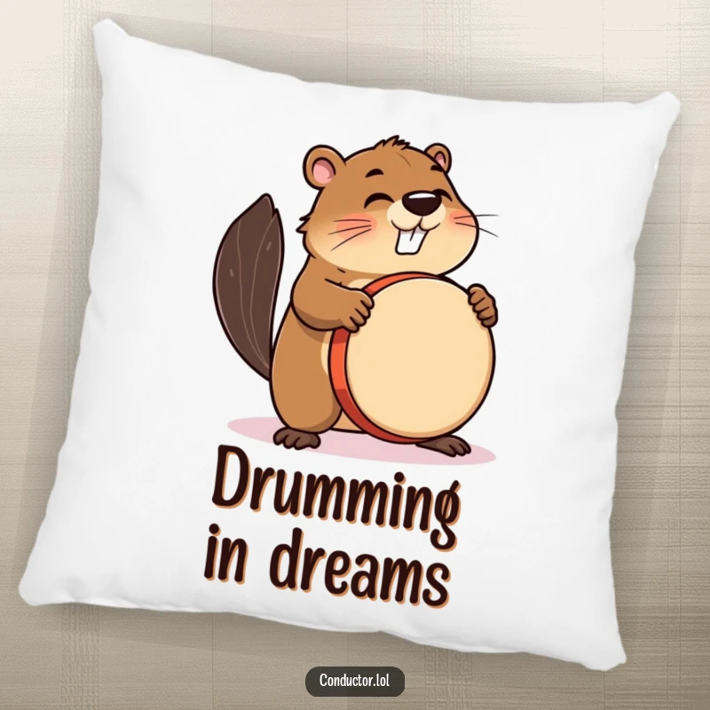 Funny pillow with a busy beaver enthusiastically drumming, offering comfort and a musical theme.