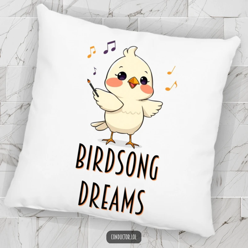 Funny pillow with a determined bird conductor chirping musical cues with focused intensity, a comfy cushion of sound.