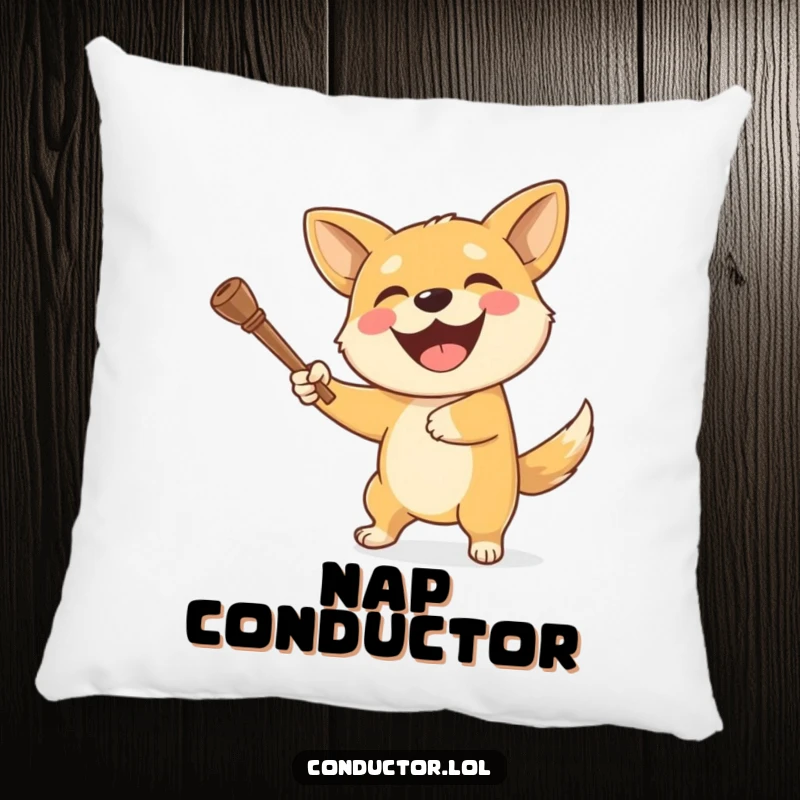 Funny dog pillow showing a delighted dog enthusiastically swinging a baton with a beaming, happy smile.