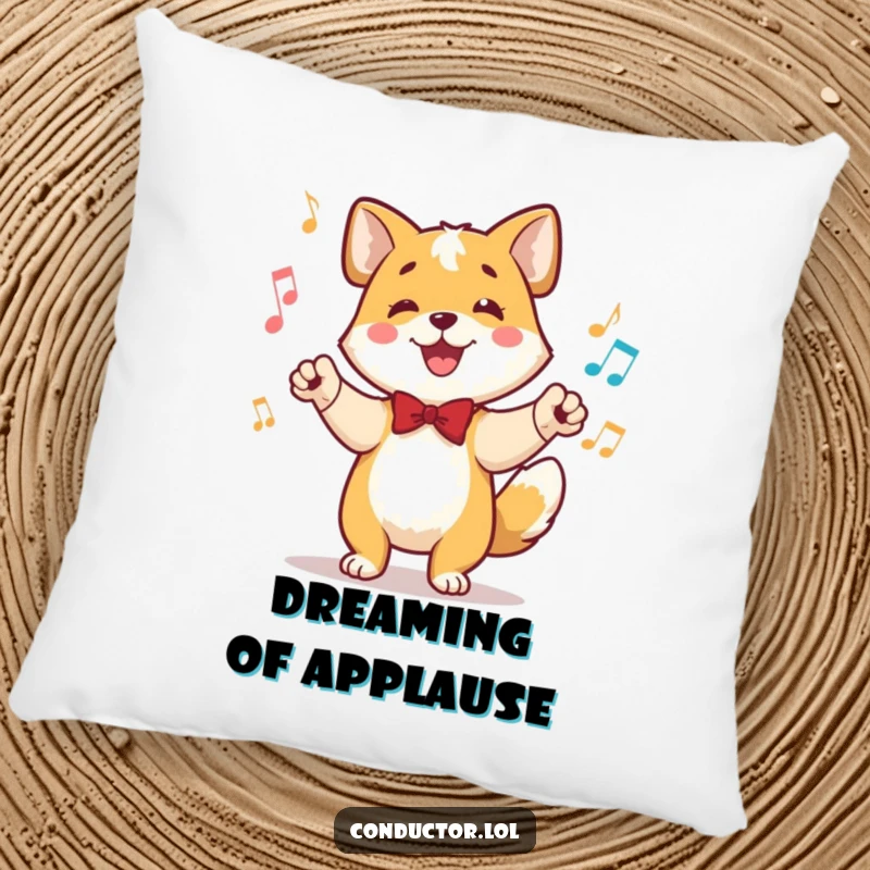 Funny pillow featuring a happy dog conductor, tail wagging in rhythm, ears perked, perfect for music-themed comfort.
