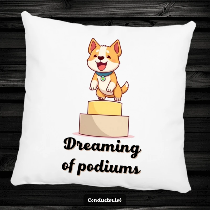 Funny, soft pillow featuring a determined dog triumphantly leaping onto a podium with a proud bark, perfect for dog enthusiasts.