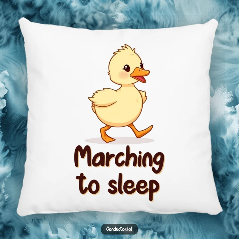 Funny, determined duckling marching with spirited enthusiasm, depicted on a soft and comfortable pillow. Great for decor.