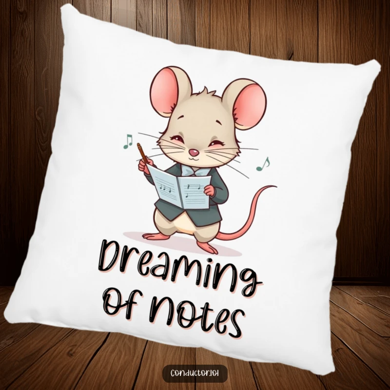 Funny pillow with a curious mouse conductor peering at a musical score with intense concentration, a comfy cushion of thought.