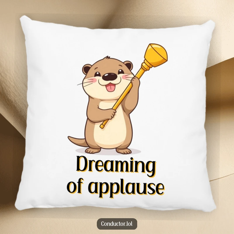 Funny Otter Conductor Pillow: A beaming cartoon otter with a golden baton, exuding pride and musical passion.