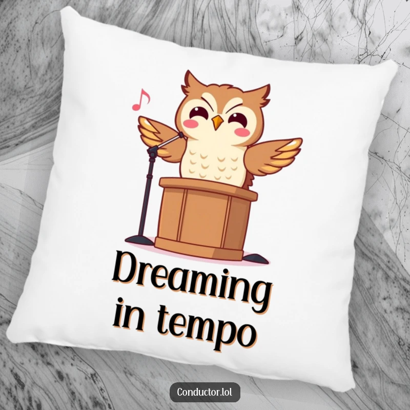 Funny Owl Conductor Pillow featuring a cheerful owl maestro rhythmically conducting, perfect for adding a touch of whimsy to any room.