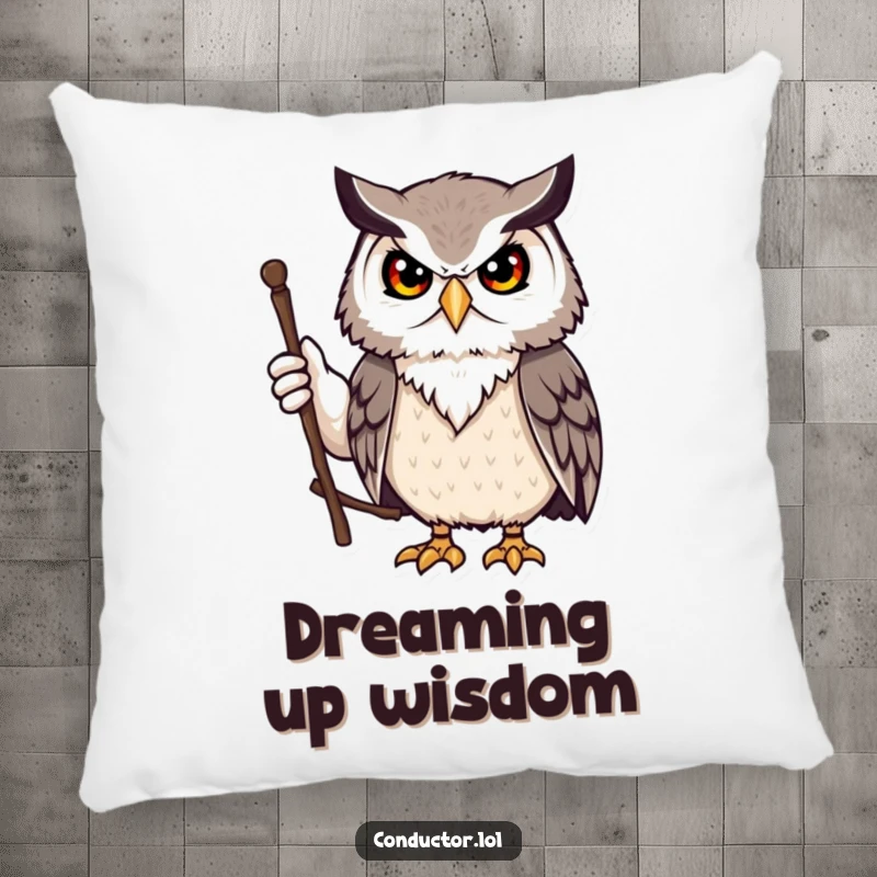 Funny owl leader pillow, soft and comfortable, featuring a wise owl directing. A cozy, funny gift.