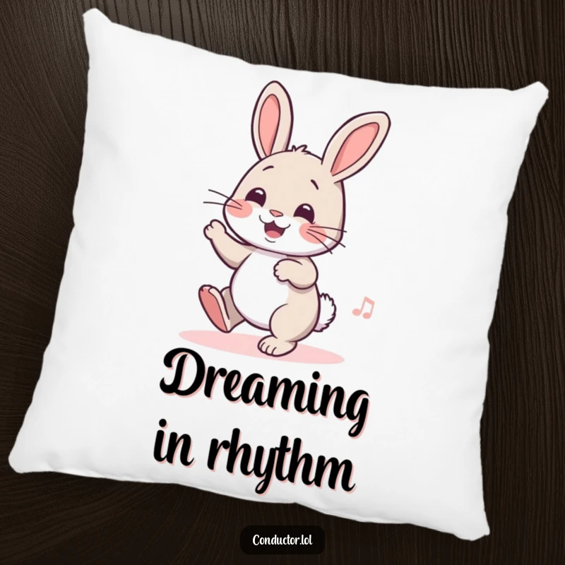 Funny pillow with a cheerful rabbit tapping its foot, offering soft comfort and a dose of playful rhythm, a humorous decor item.