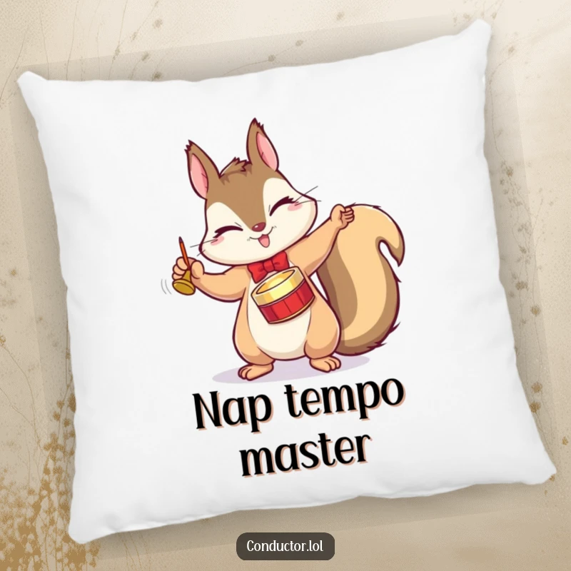 Funny pillow with a winking squirrel conductor dramatically tapping a tiny cymbal with a flourish, a comfy piece of art.