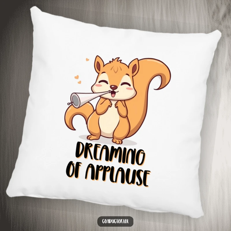 Funny squirrel conductor pillow, blowing an invisible whistle with a triumphant flourish, offering plush comfort and a dose of humorous musical delight.