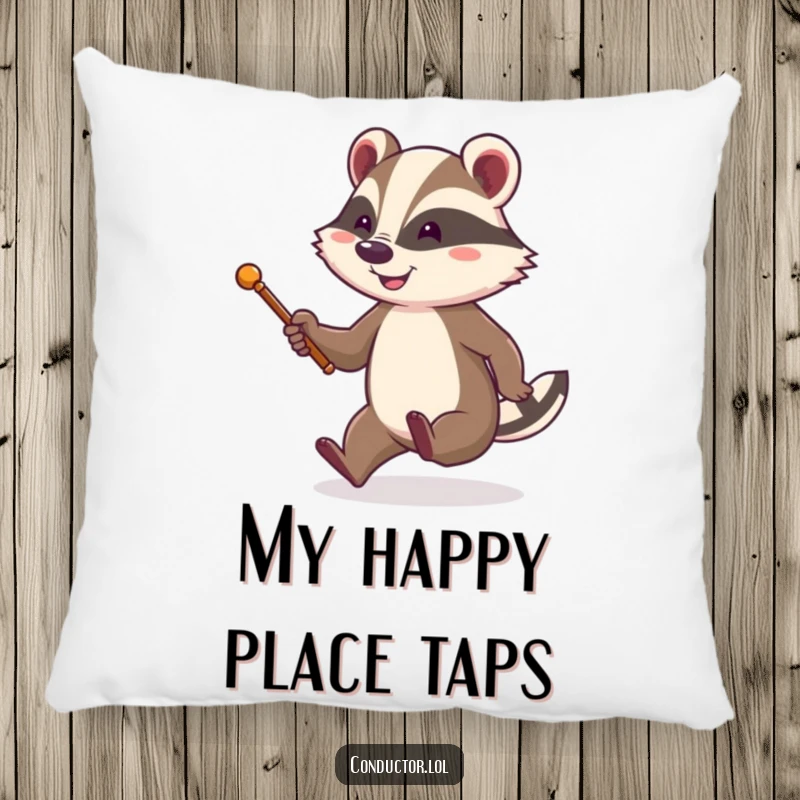 Funny pillow designed with a cheerful badger holding a baton, energetically tapping its foot with a smile, symbolizing happy direction.