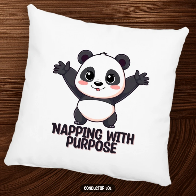 Funny Panda Performer Pillow: A cartoon panda in a dramatic, wide arm sweep, adding theatrical comfort.