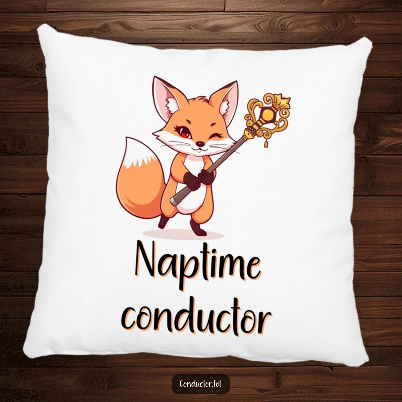 Funny pillow with a mischievous fox swinging a baton, offering soft comfort and a dose of playful conducting charm, a humorous decor item.