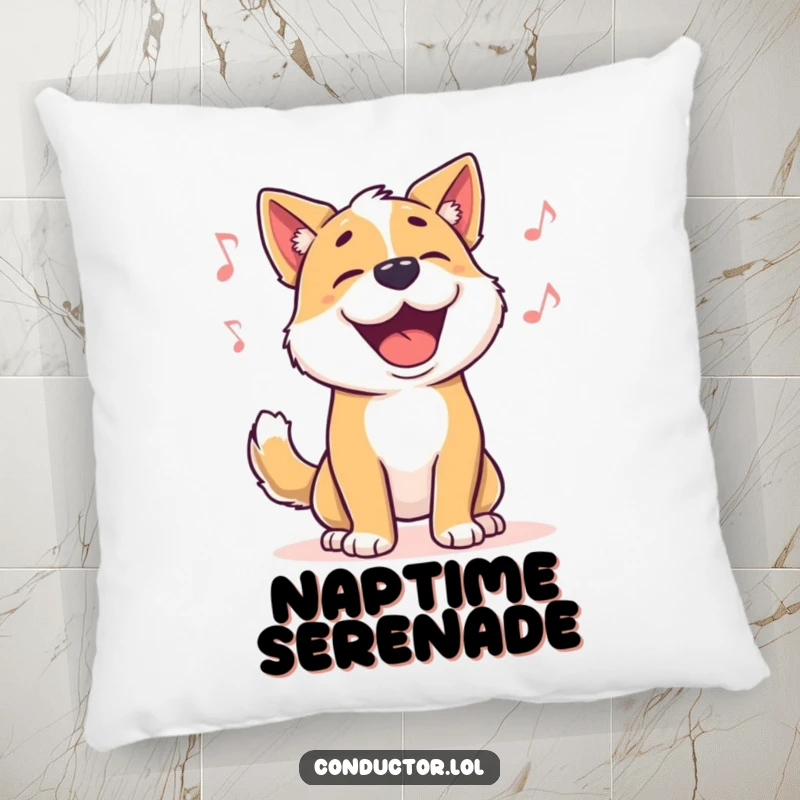 Funny dog pillow, showing a proud dog barking along to music with a wagging tail, perfect for sofas.