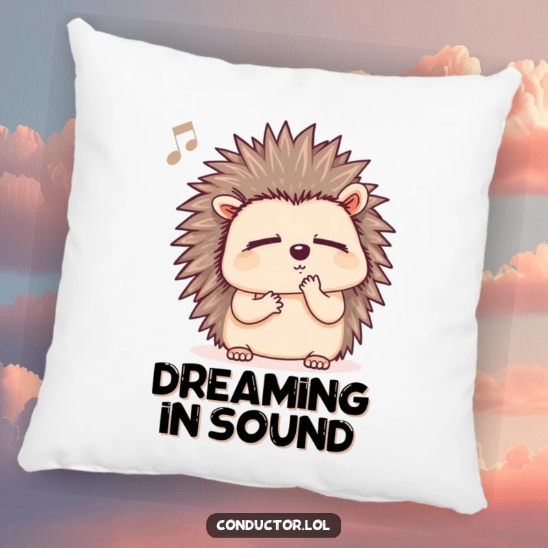 Funny hedgehog pillow, featuring a cute hedgehog listening to music with a thoughtful expression, great for sofas.