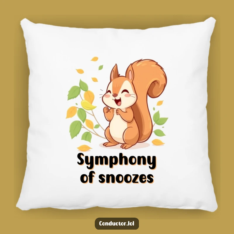Funny Squirrel Conducting Leaves Pillow: Cozy Nature Accent, Cheerful Comfort