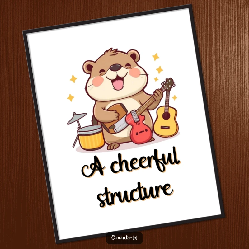 Funny beaming beaver cheerfully organizing musical instruments with enthusiasm, digital art print.