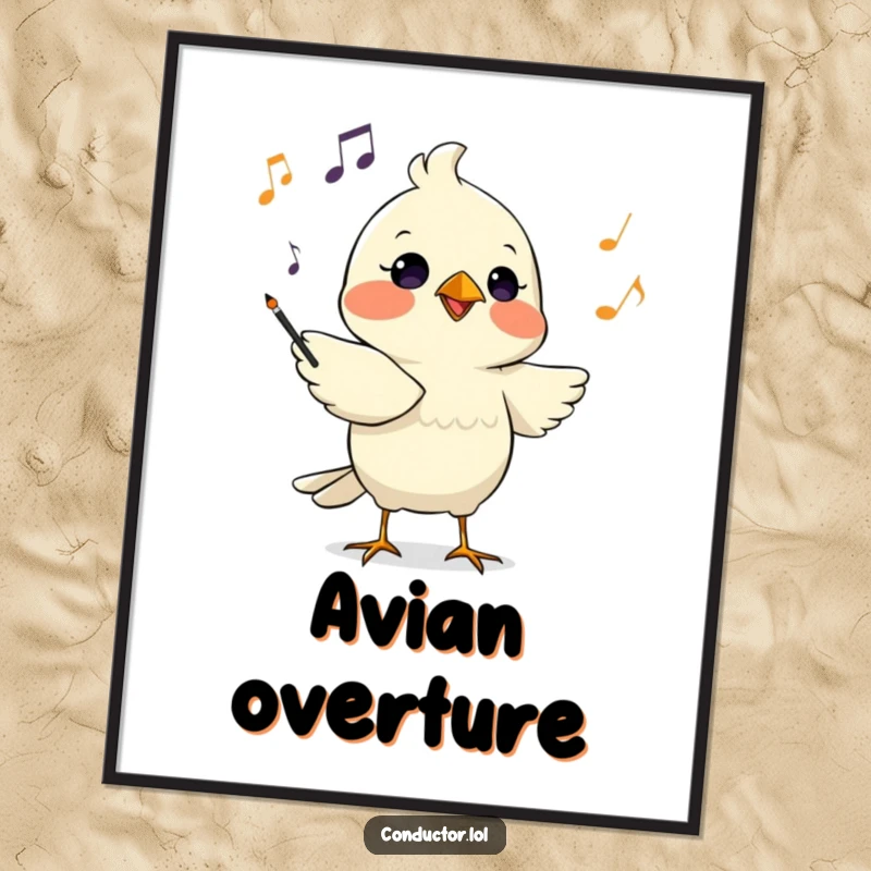 Funny digital art print of a determined bird conductor chirping musical cues with focused intensity, vibrant musical decor.