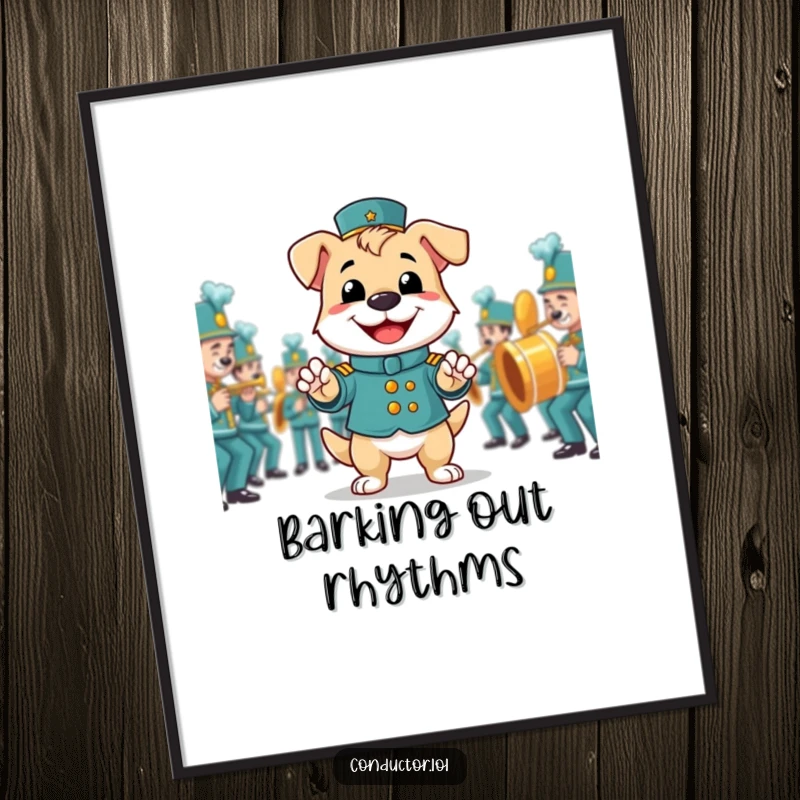 Funny digital art print of a smiling dog proudly directing a marching band, capturing musical energy and canine charm.