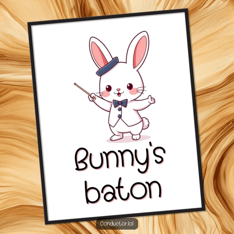 Funny cute bunny conductor wearing a small top hat, enthusiastically waving a baton, as a vibrant digital art print.