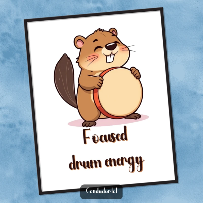 Funny digital art print of a busy beaver enthusiastically beating a drum with intense focus and rhythm.