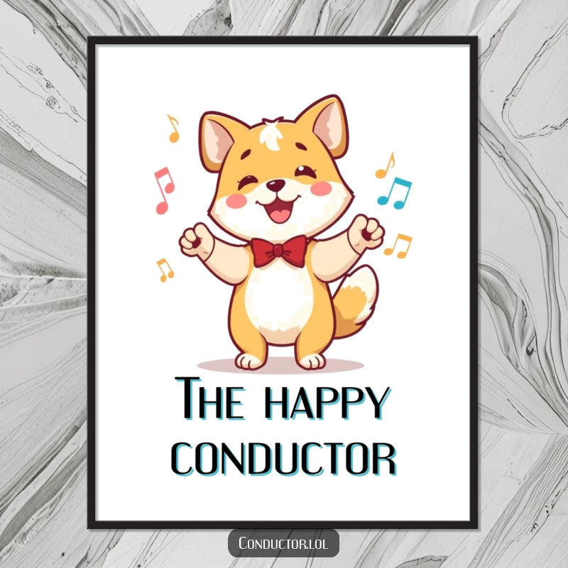Funny digital art of a happy dog conductor, tail wagging rhythmically, ears perked, directing the music with joyful control.