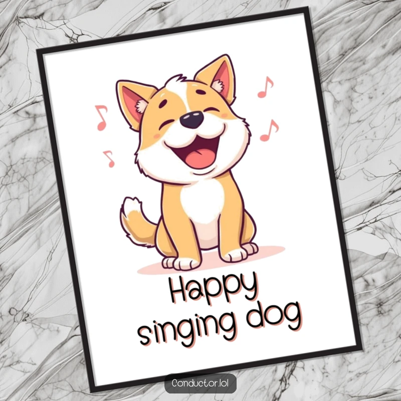 Funny dog digital art print, showing a proud dog barking to music, instant download for decor.