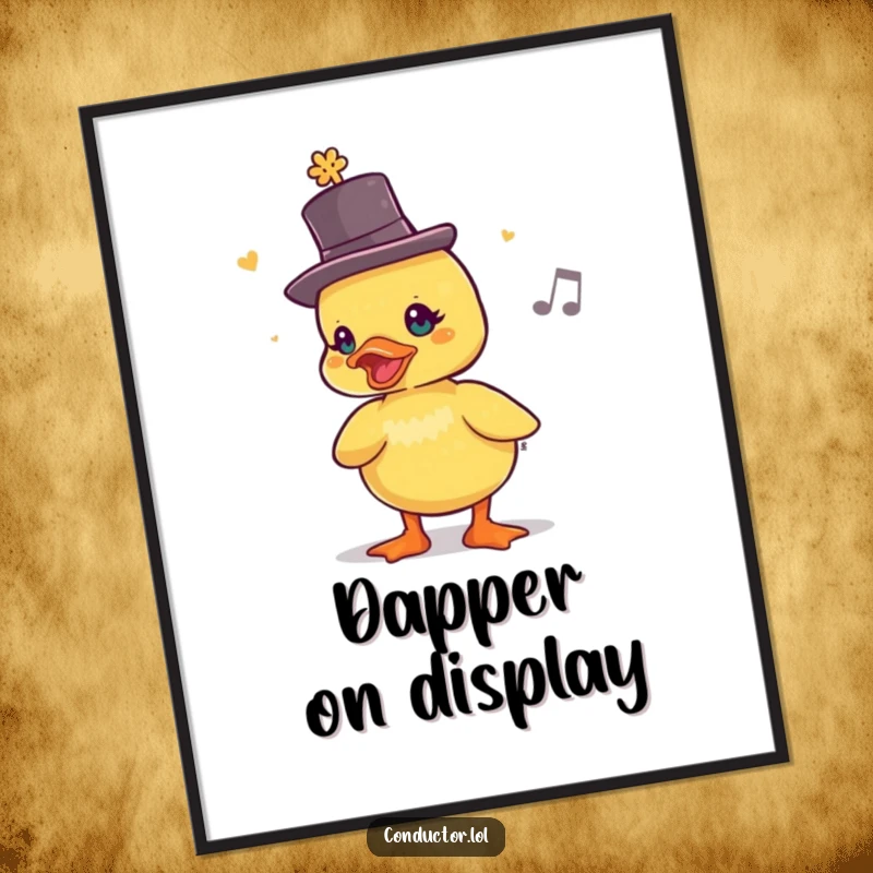 Funny Duckling Maestro Digital Art Print: a duckling in a top hat chirps a lively rhythm, humorous art.