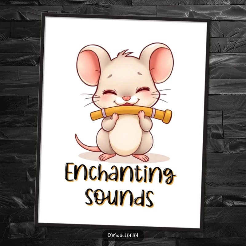 Funny Flute Mouse Digital Art: Tiny character with closed eyes happily plays flute, instant humorous wall art.