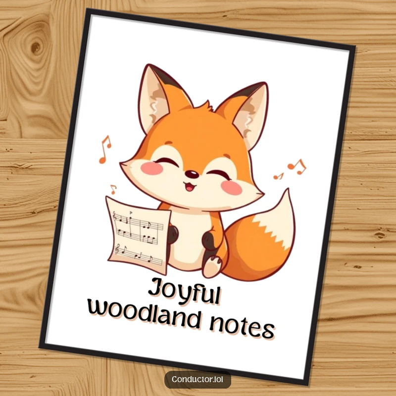 Funny cheerful cartoon fox intensely looking at an unseen musical score with a joyful expression on a digital art print, intense musical decor.