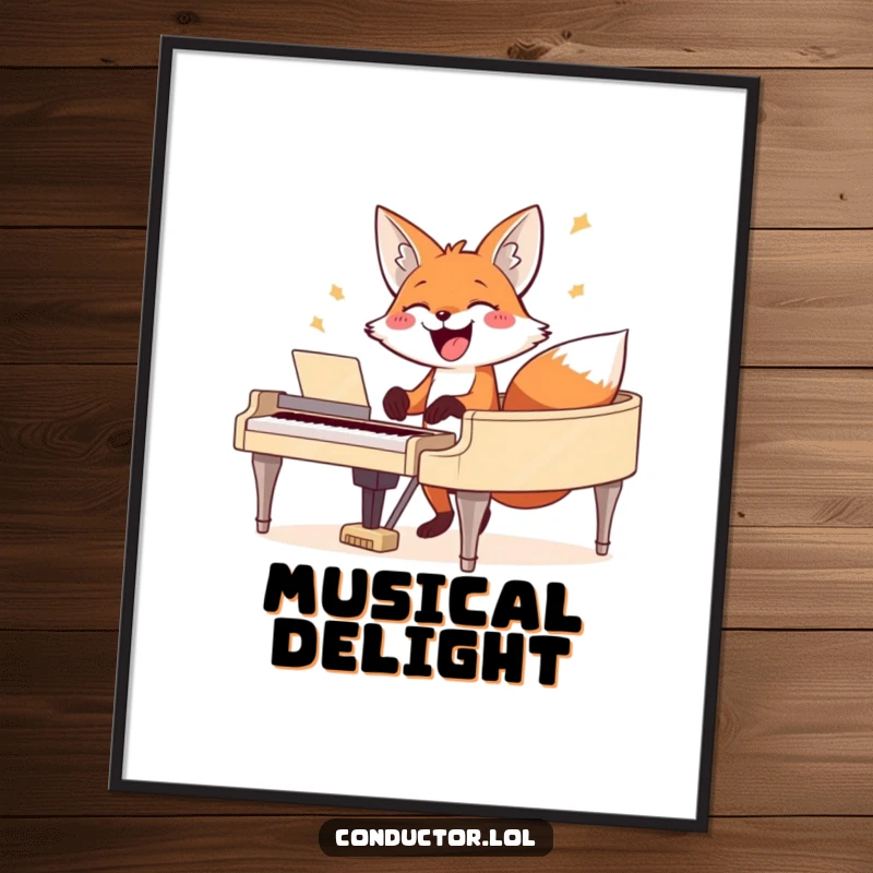 Funny fox digital art print, showing a joyous fox playing a grand piano, instant download for decor.