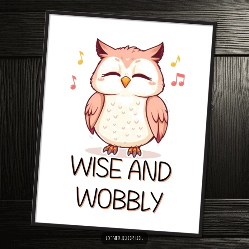 Funny digital art print of a giggling owl with closed eyes swaying to music, a peaceful and joyful addition to any room.
