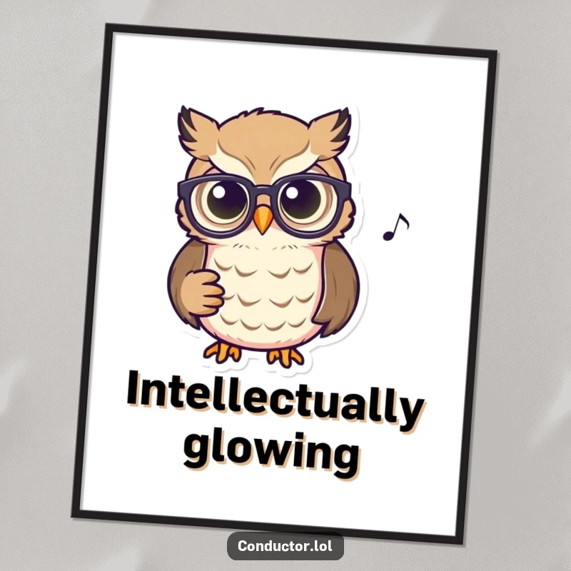 Funny Owl Conductor Digital Art Print: A high-resolution image of an owl with spectacles intently watching a musical score.