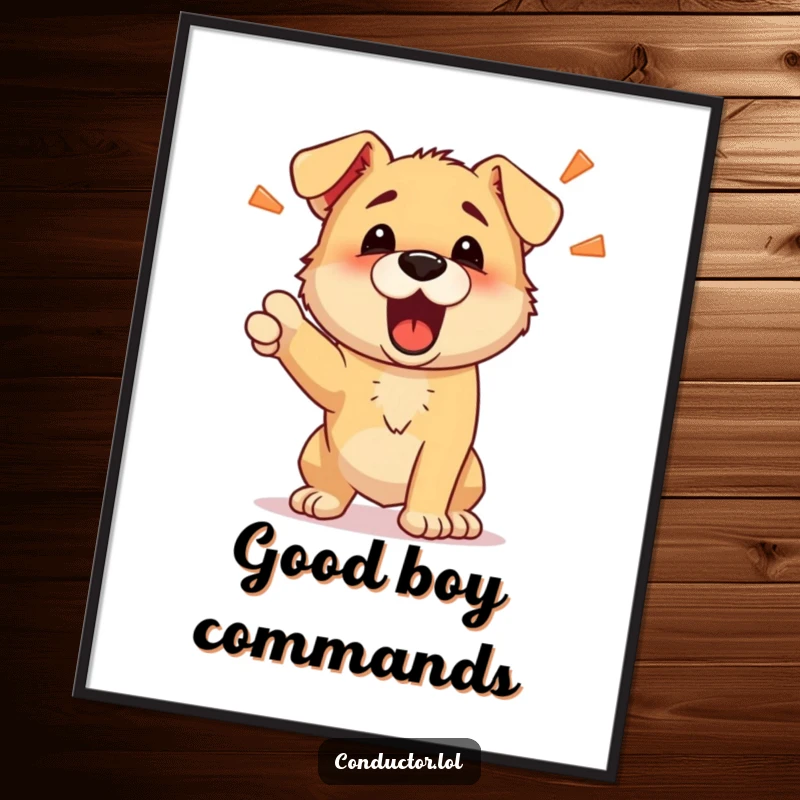 Funny digital art print of a determined puppy barking energetic commands, offering instant playful humor and decor.