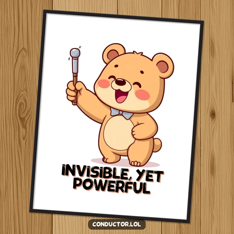Funny Bear Conductor Digital Art Print, a cheerful bear cub enthusiastically leading an invisible orchestra with a baton.