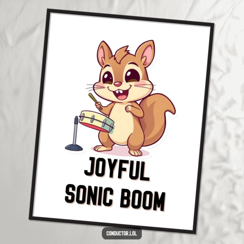 Funny digital art print of an energetic squirrel character gleefully banging on cymbals with wide, excited eyes.