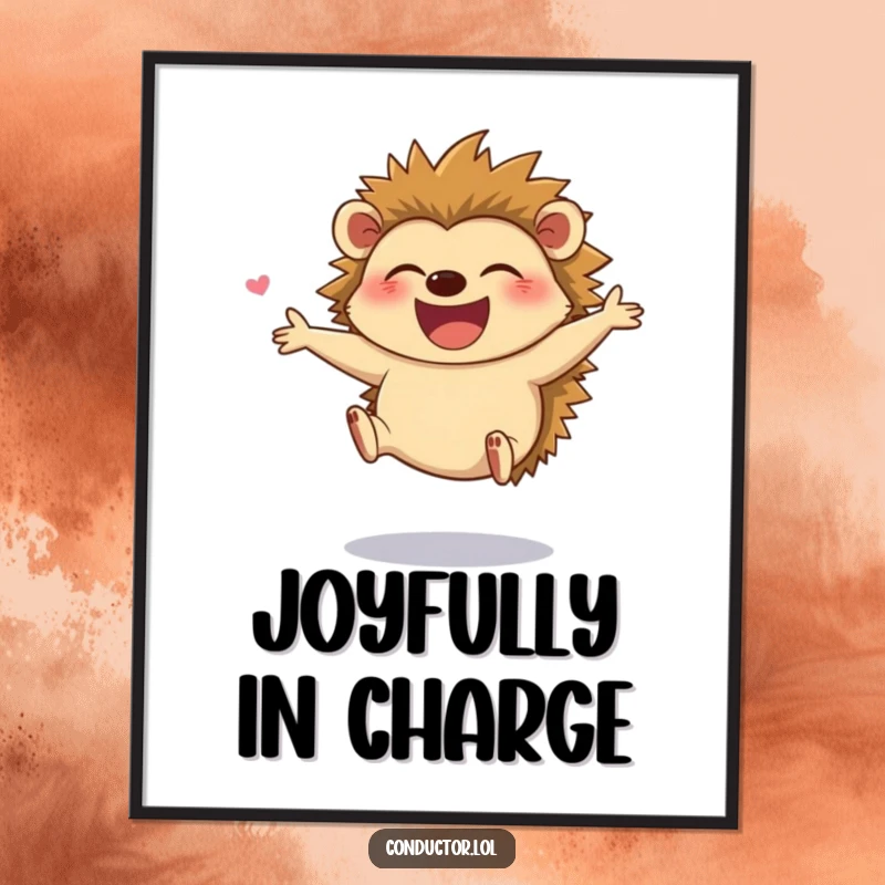 Funny digital art print of a giggling hedgehog leaping joyfully while directing, offering instant cheerful humor and decor.