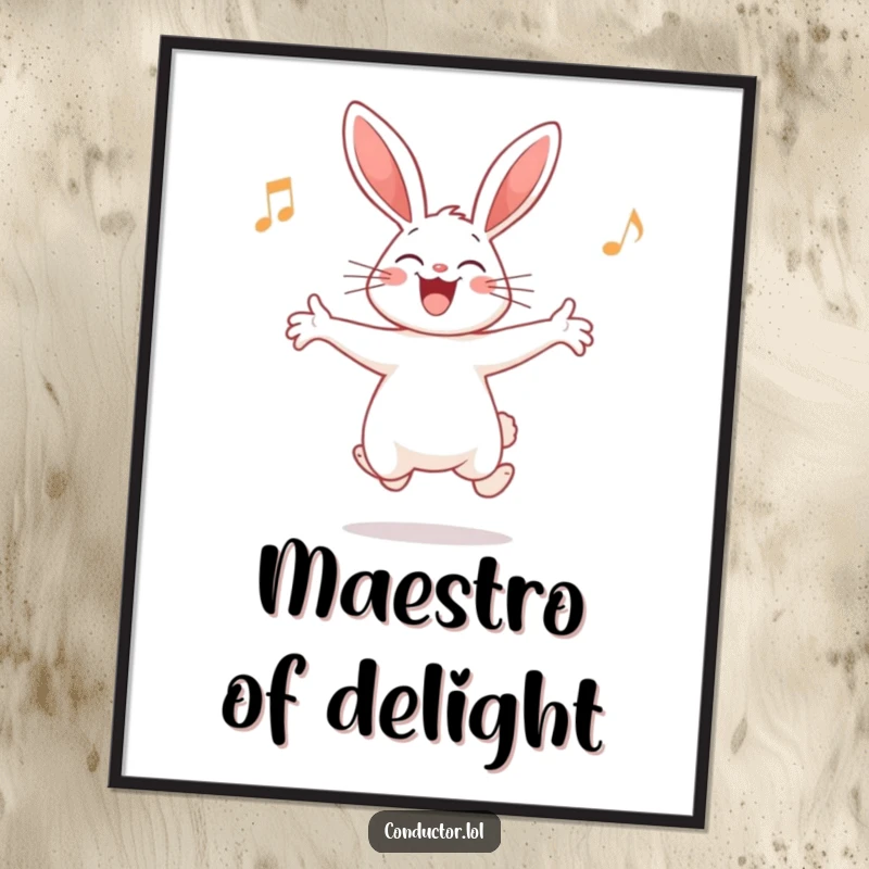 Funny Rabbit Conductor Digital Art Print: A whimsical illustration of a giggling rabbit conducting an imaginary orchestra with joy.