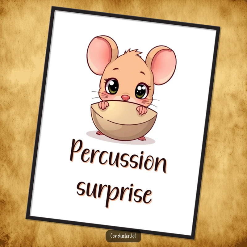 Funny Surprised Mouse Cymbal Digital Art: A cartoon mouse with wide eyes peeking from behind a large cymbal.