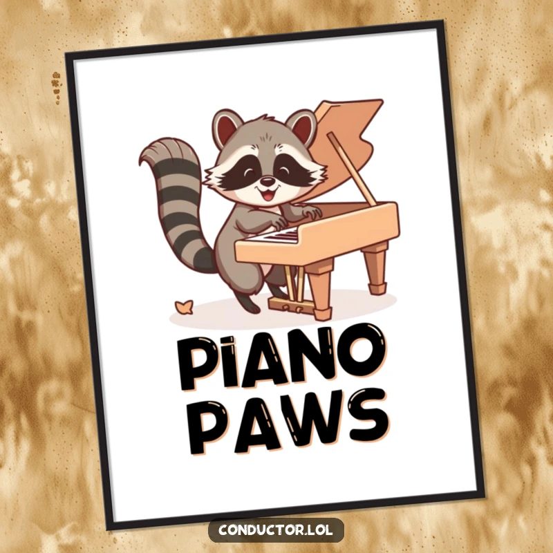 Funny Digital Art Print: Happy raccoon energetically playing grand piano keys with its tail, a vibrant and humorous piece.