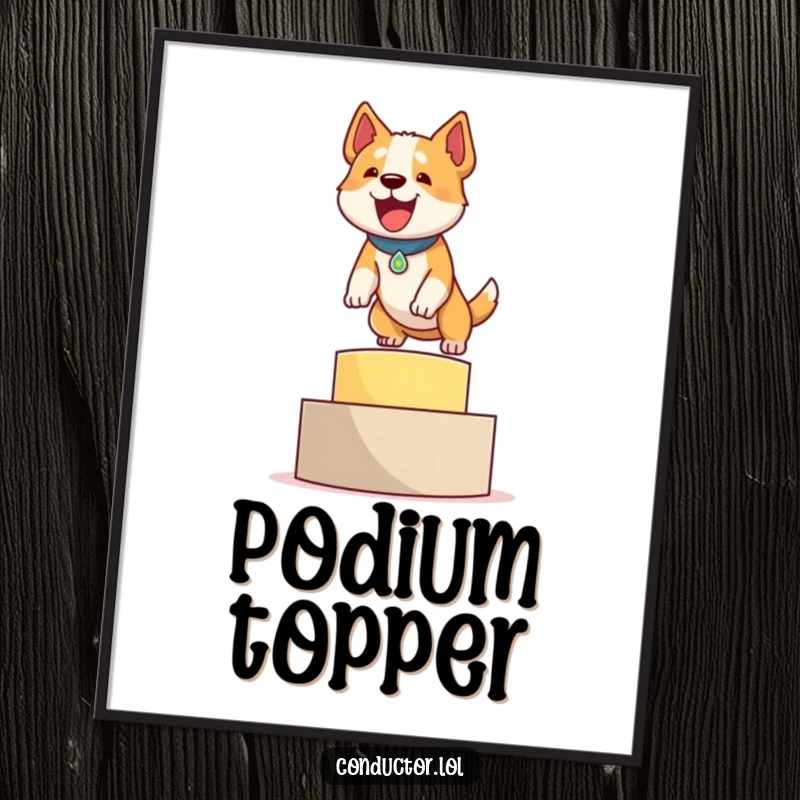 Funny digital art of a determined dog energetically leaping onto a podium with a proud, triumphant bark, embodying success.