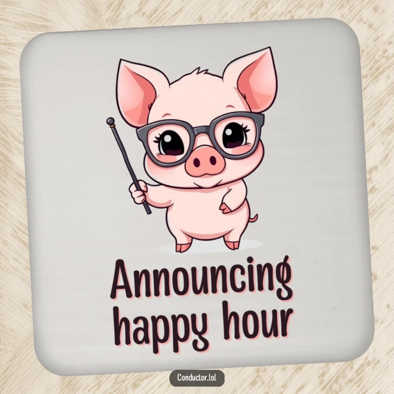 Funny Piglet Orator Drink Coaster: a piglet in spectacles gestures dramatically with a small flag, humorous accessory.