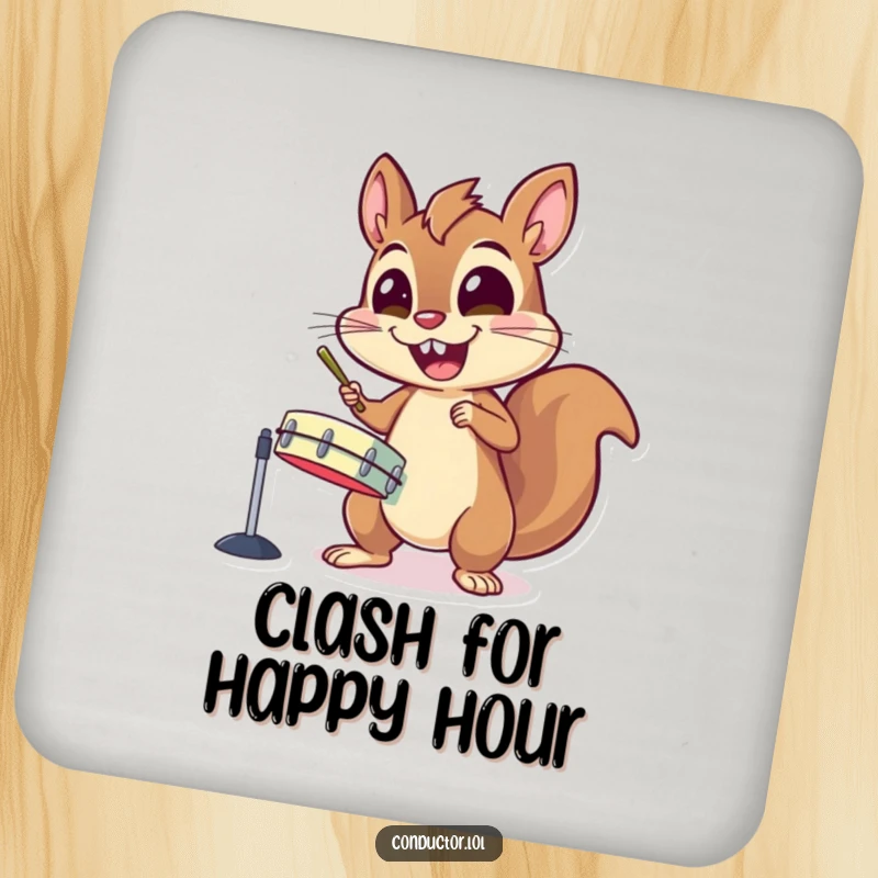Funny drink coaster with an energetic squirrel character gleefully banging on cymbals with wide, excited eyes.