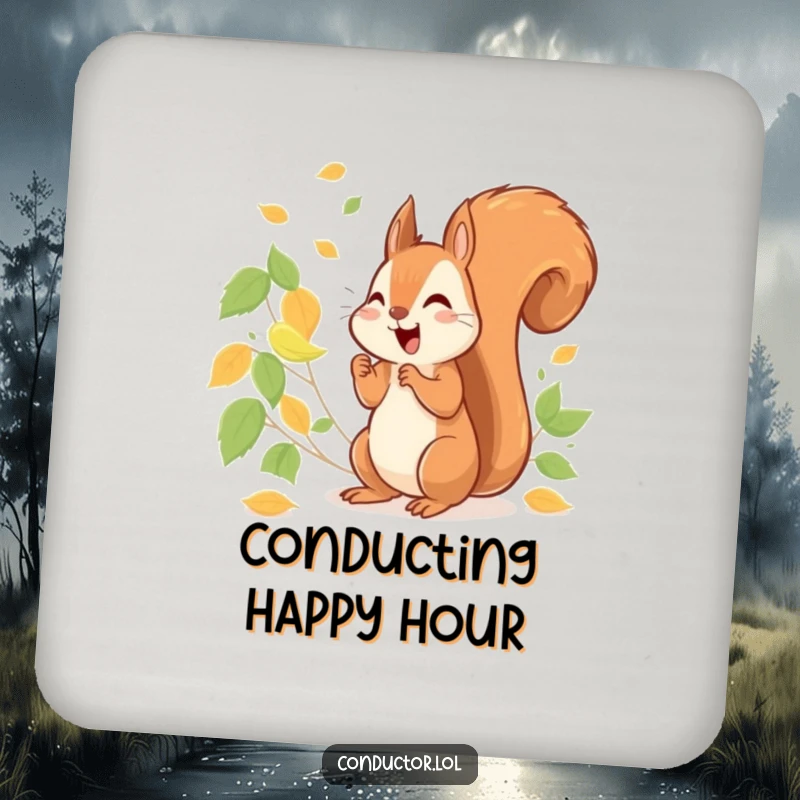 Funny cheerful squirrel energetically conducting a symphony of rustling leaves, on coasters.