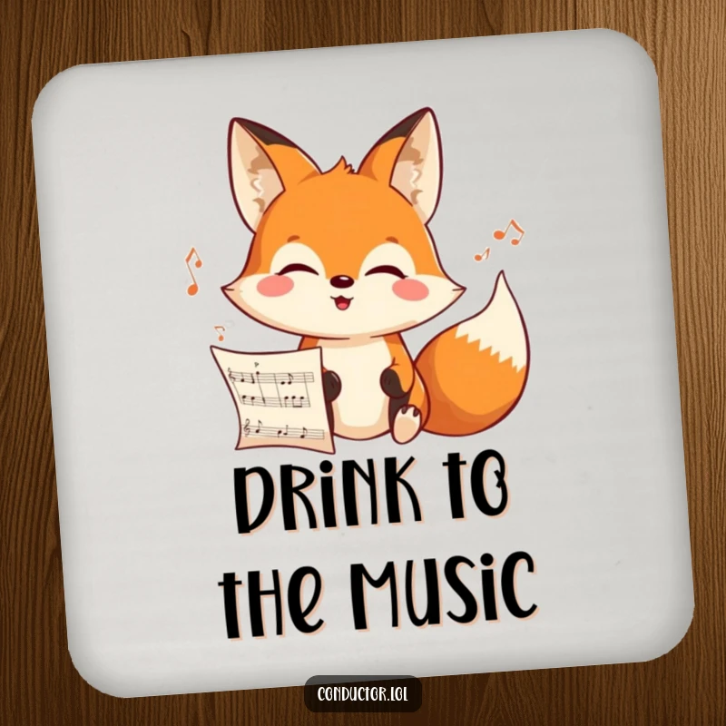 Funny cheerful cartoon fox intensely looking at an unseen musical score on a drink coaster, a focused musical accent.