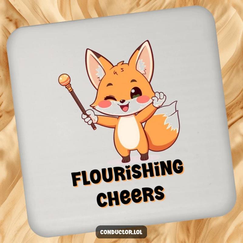 Funny coaster with a happy fox in white gloves dramatically conducting with a baton, adding a touch of refined humor.
