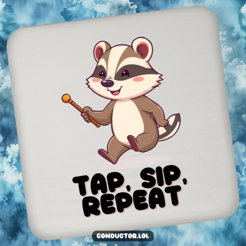 Funny drink coaster with a cheerful badger holding a baton, energetically tapping its foot, adding a musical touch.