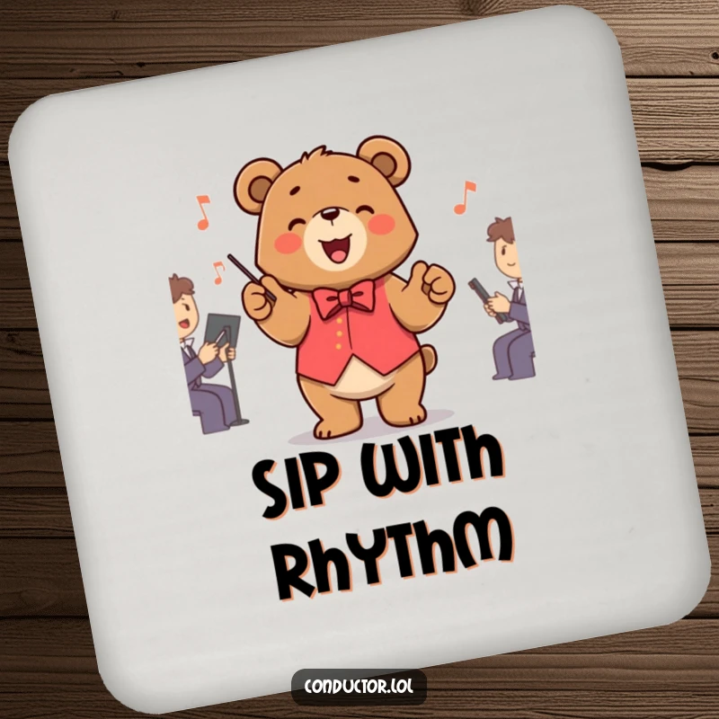 Funny Bear Conductor Coasters featuring a bear maestro, protecting tabletops with musical flair and humor.