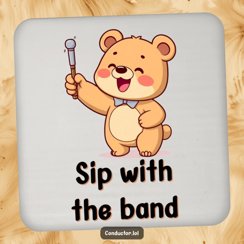 Funny Bear Conductor Drink Coaster, showing a happy bear cub enthusiastically waving a baton at an invisible orchestra.